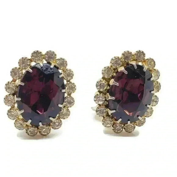 Vintage Earrings BIG PURPLE Faceted Rhinestone Clear Stones Clips Austria - Picture 5 of 7